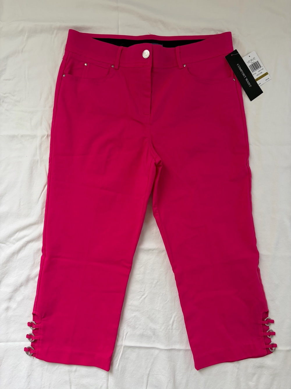 Bright Pink Capri Pants with side ring detail. Comfort waist Size 14